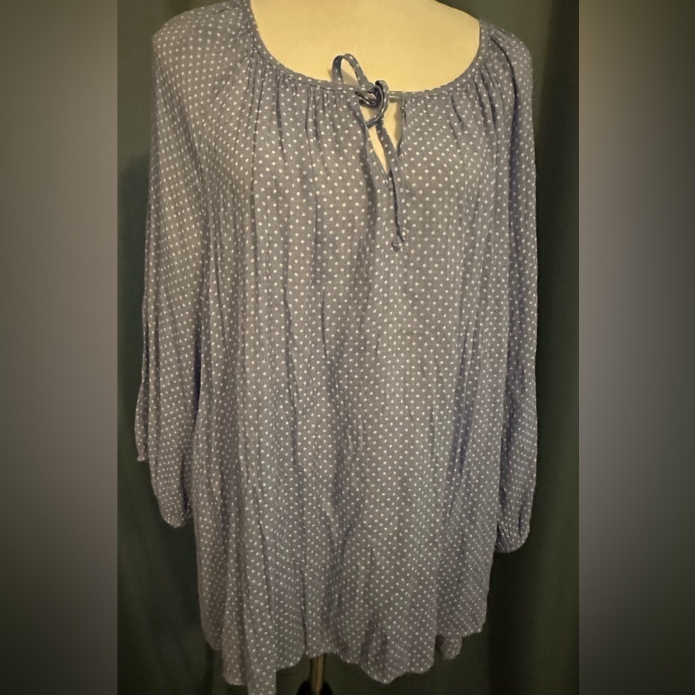 Fred David Light Blue Blouse with white dots Tie at Neckline, Size 2X